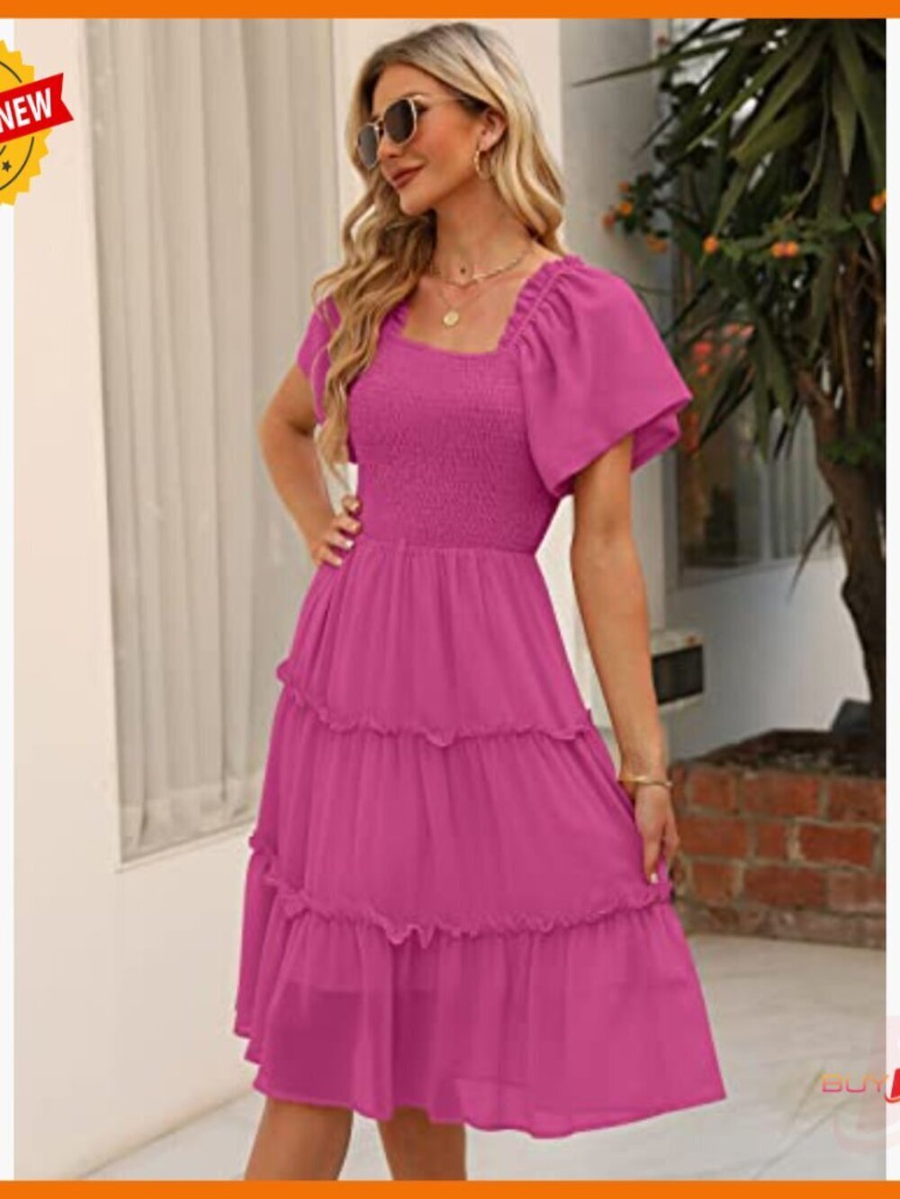 Summer Casual Flutter Sleeve Square Neck Smocked Midi Dress - Picture 3 of 6